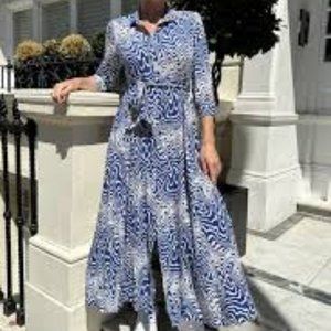 ZARA Long Flowing Geometric Print Midi Dress Belt Blue White Geometric Size M